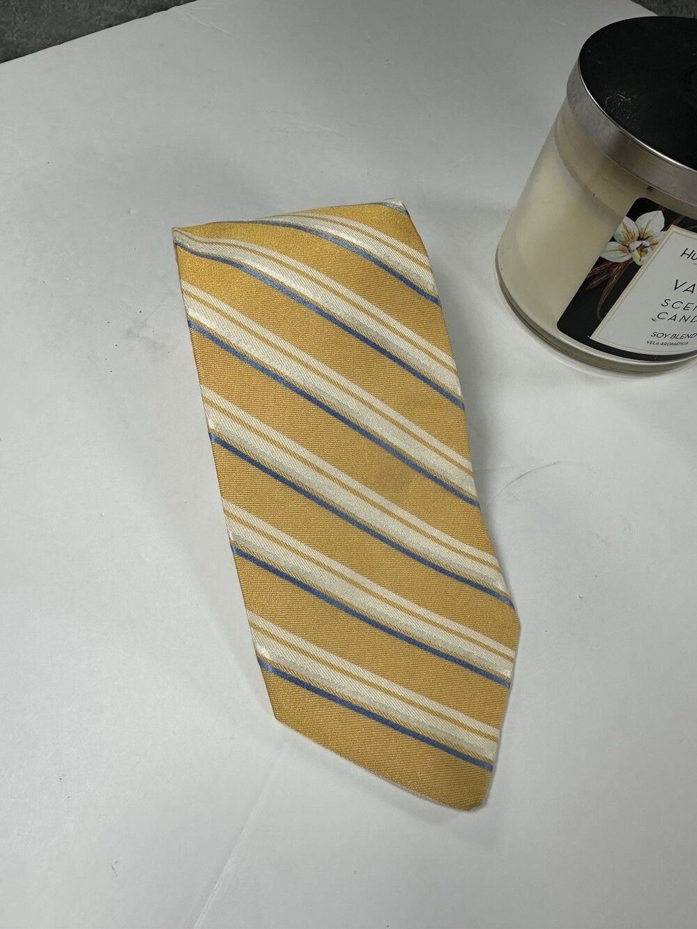 Brooks Brothers Silk Tie Gold Yellow Blue Repp Stripe Makers & Merchants Men’s